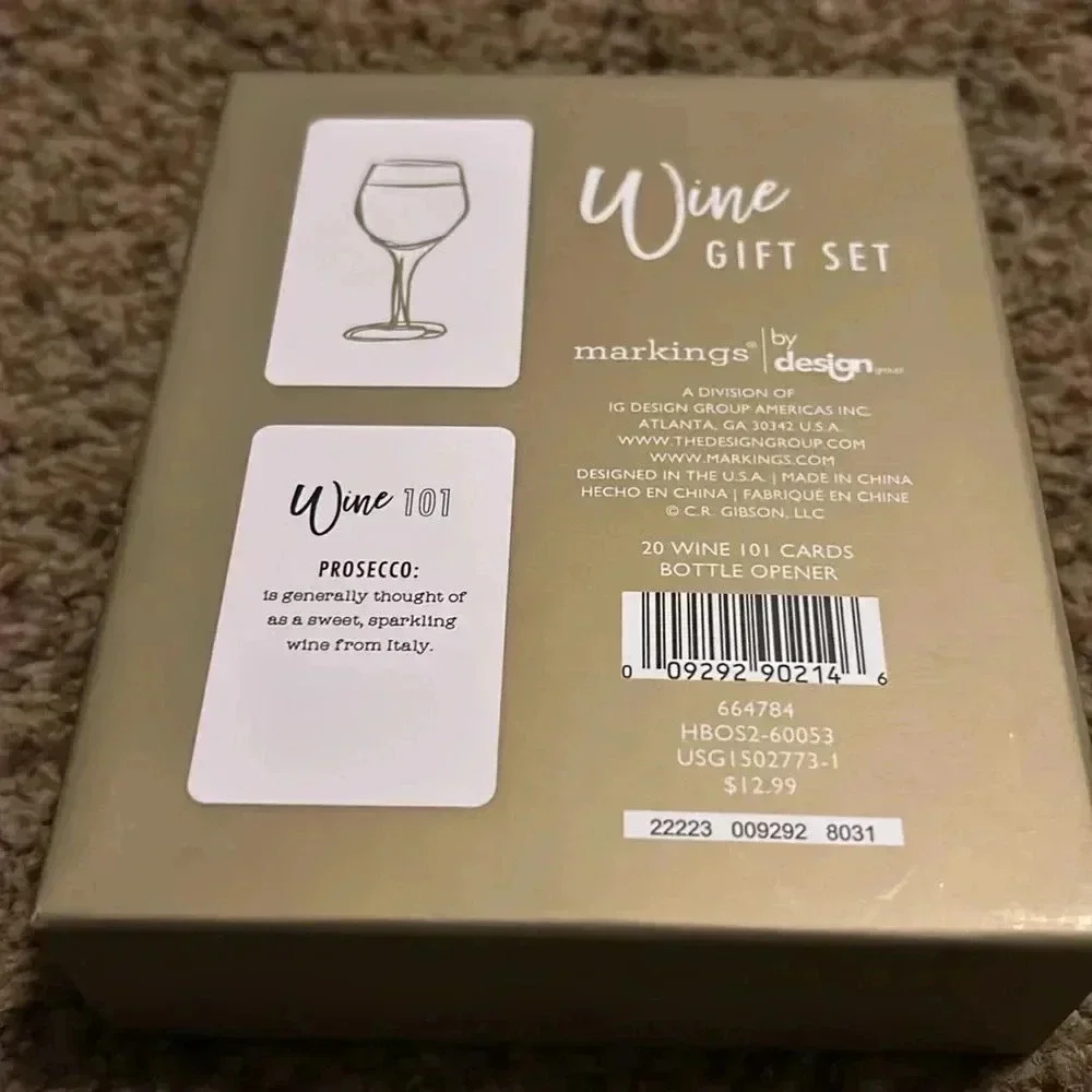 Markings by Design Wine Gift Set Gold Bottle Opener and 20 Wine 101‎ Cards NEW